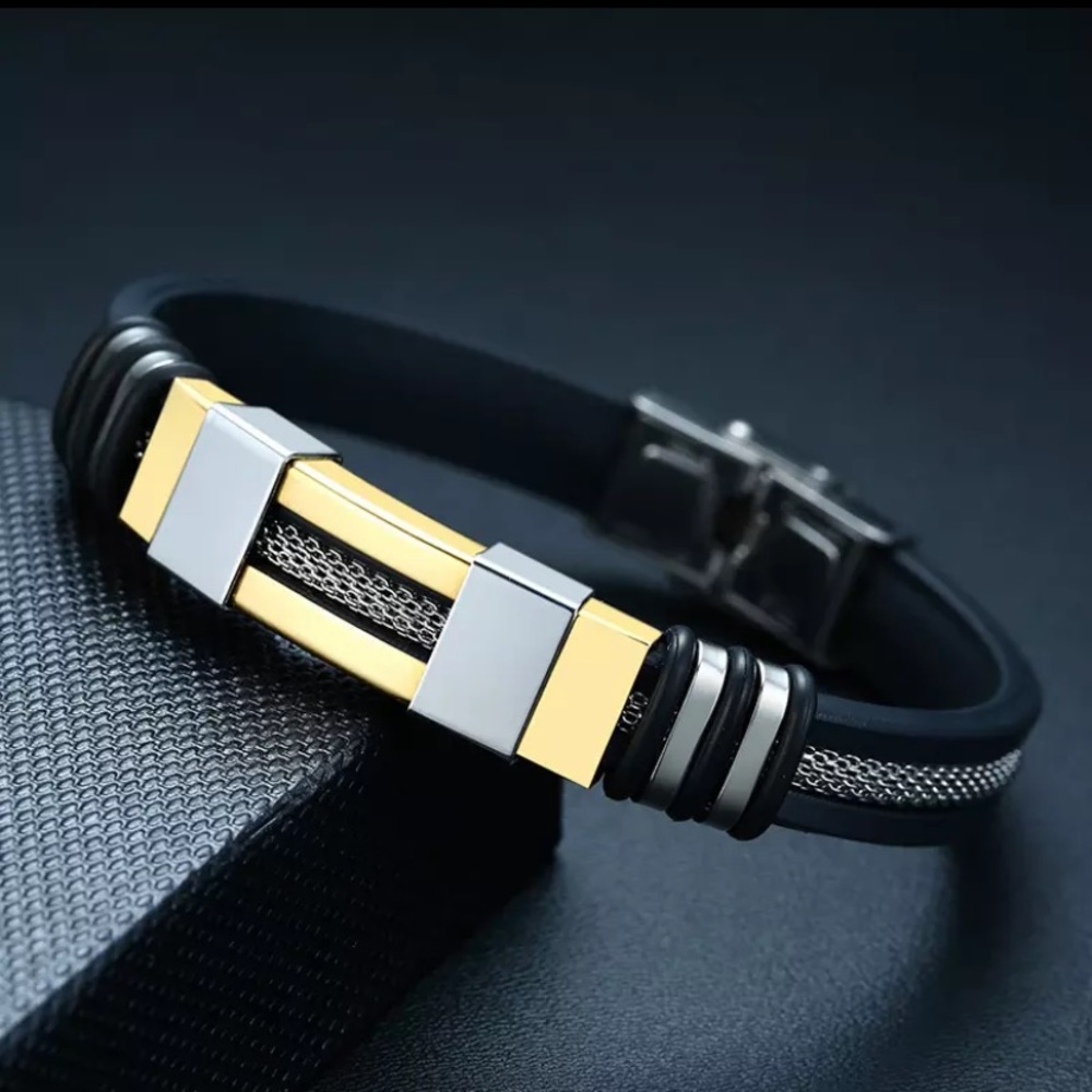 Chain Groove Wrap Men Metal Rubber Duo Bracelet